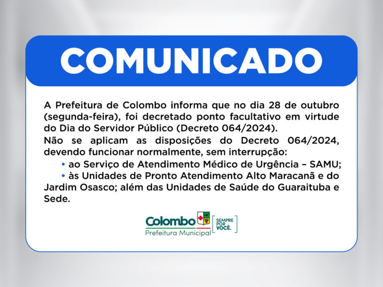 Prefeitura Informa: Ponto Facultativo no Dia do Servidor Público, dia 28 Prefeitura Informa: Ponto Facultativo no Dia do Servidor Público, dia 28
